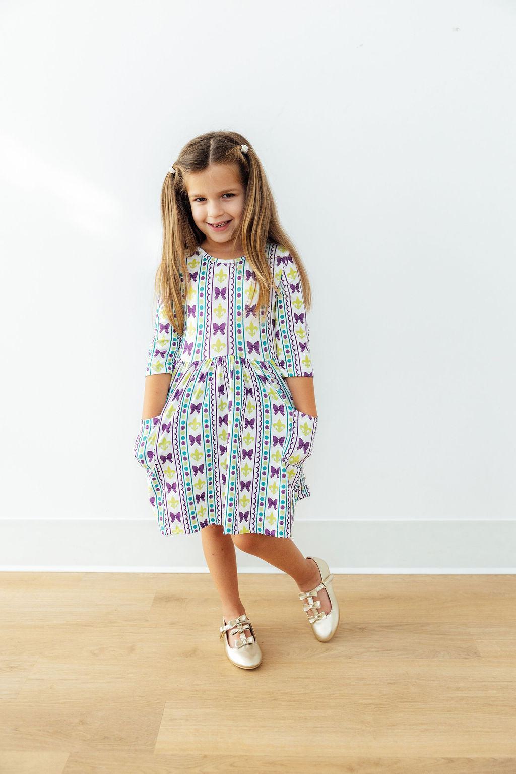 Mardi Gras 3/4 Sleeve Pocket Twirl Dress