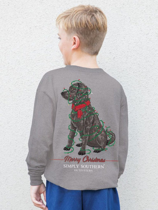 Merry Christmas Dog with Christmas Lights YTH Long Sleeve Tee - #SIMPLYSOUTHERN - YTH-MN-LS-MRYLB-SPORTGRY