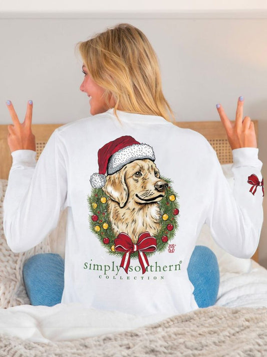 Merry and Bright Dog with Wreath & Santa Hat Long Sleeve Tee - #SIMPLYSOUTHERN LS-MERRYDOG-WHITE