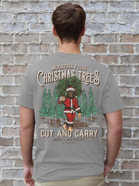 Mountain Fresh Christmas Trees Cut & Carry Sasquatch Santa Men's Short Sleeve Tee - #SIMPLYSOUTHERN - MN-SS-SANTASASQ-STORMHTHR