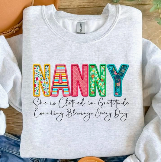Nanny Clothed in Gratitude Counting Blessings Everyday Long Sleeve White Tee