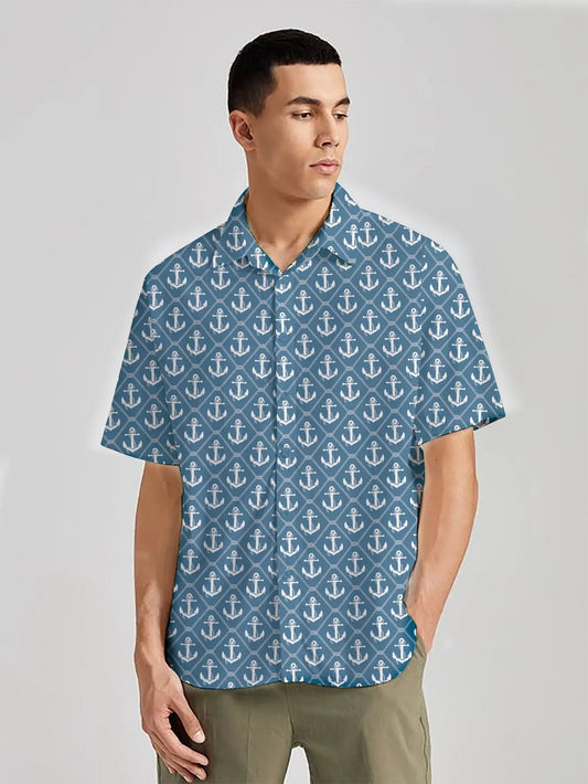 Navy Blue Sail Into Style Anchor-Printed Rayon Men's Shirt