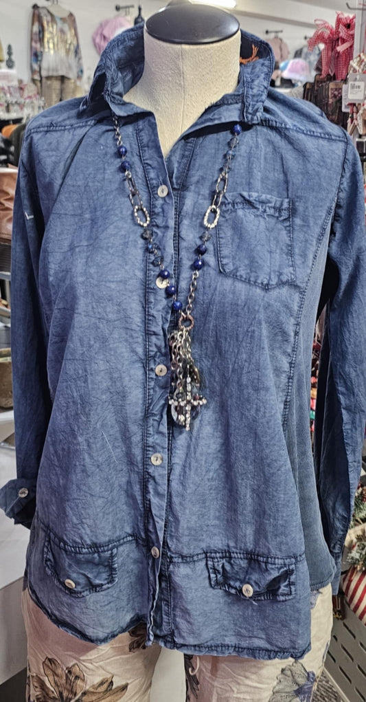 Navy Button Down Cotton Top by Marisima Made in Italy - ONE SIZE FITS MOST