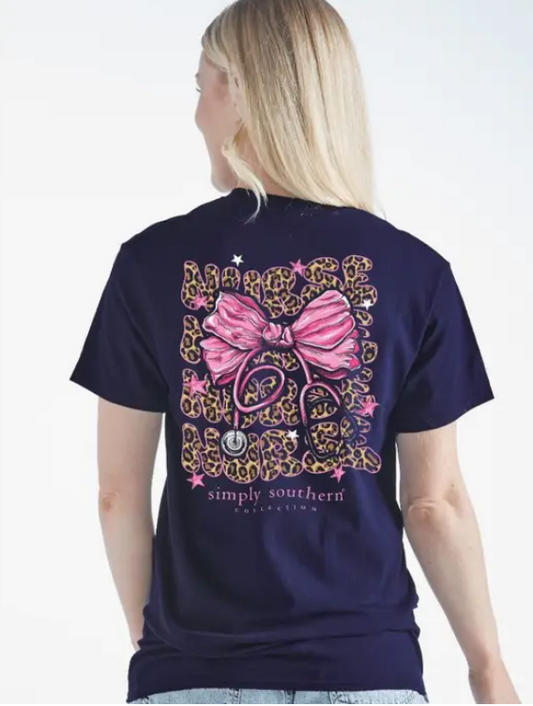 Nurse with Cheetah Bow - Navy - Short Sleeve Tee - #SIMPLYSOUTHERN