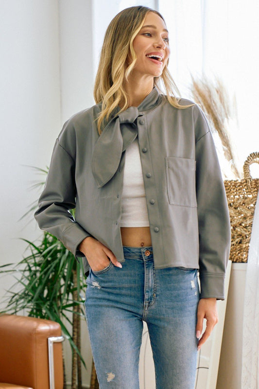 Faux Leather Jacket with Bow - Gray