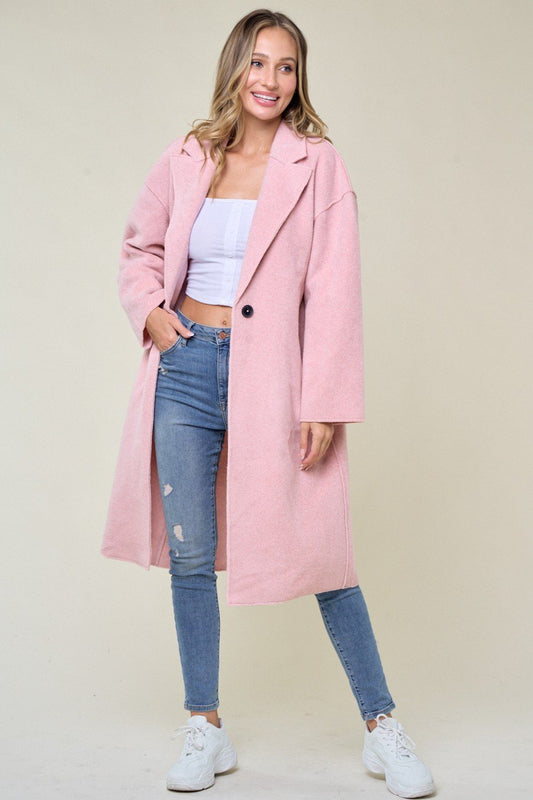 One Button Long Knee Length Pink Coat