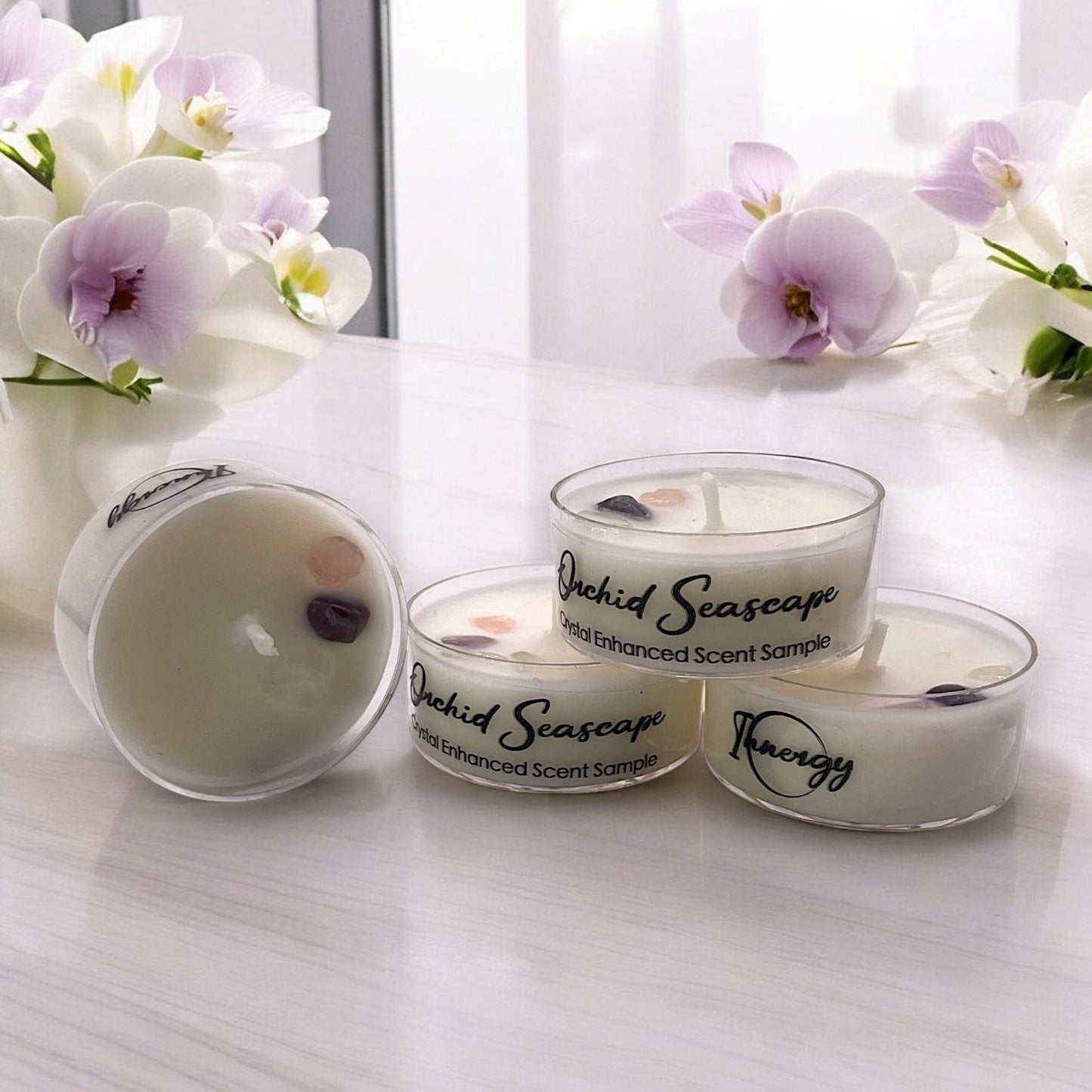 Orchid Seascape, Premium Coconut-Soy Wax Tea Light Crystal Candle, 1oz