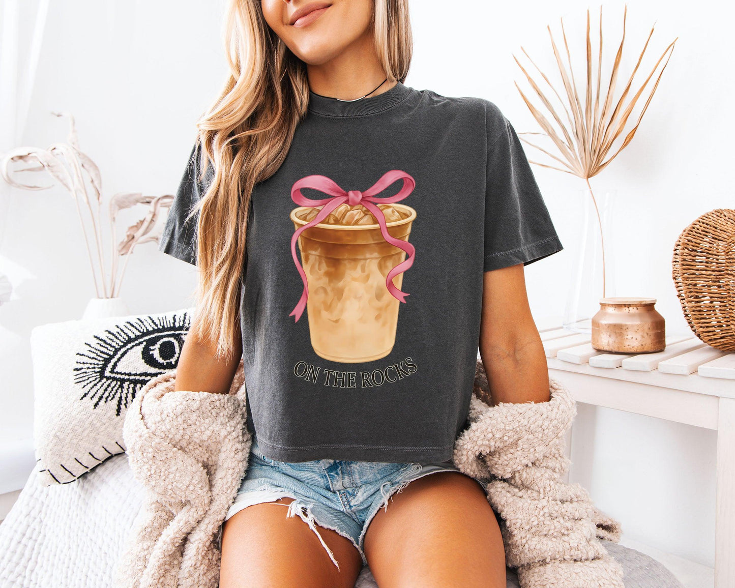 On the Rock Coffee Iced Latte Iced Coffee Garment Dyed Women's Slightly Cropped T Shirt