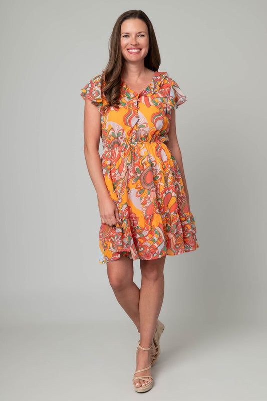 Orange Multi Chiffon A-Line Ruffle Dress by Marissa Olivia