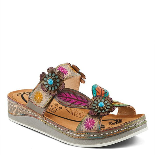 Floral Embellished Pillow-soft Grey Multi Leather Sandal by L`ARTISTE