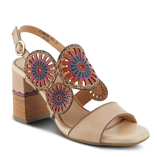 Pinwheel Beige Leather Heel Sandal by L`ARTISTE