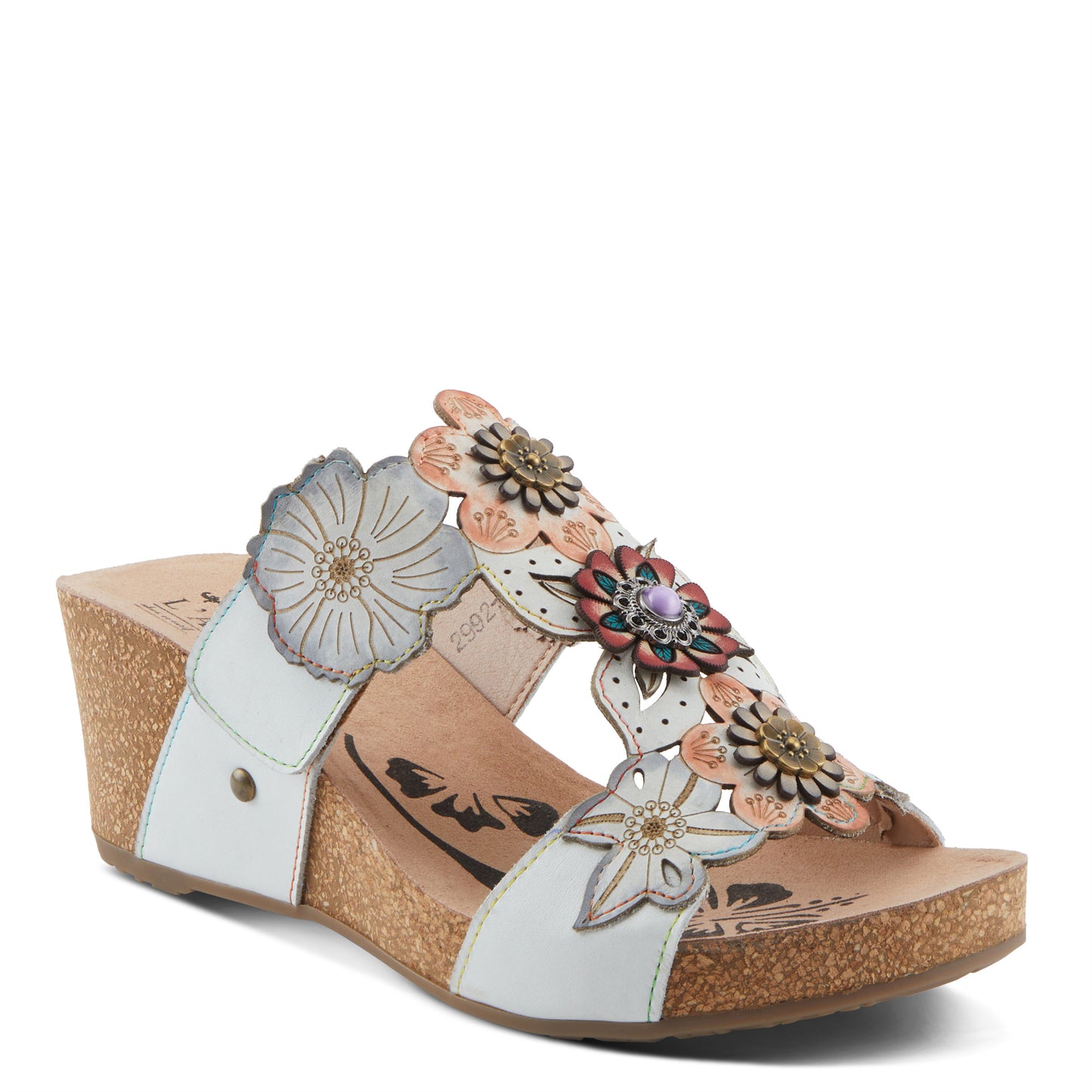 PRETTYPETALS White Multi Cork Wedge Sandal by L'Artiste from Spring Step Shoes