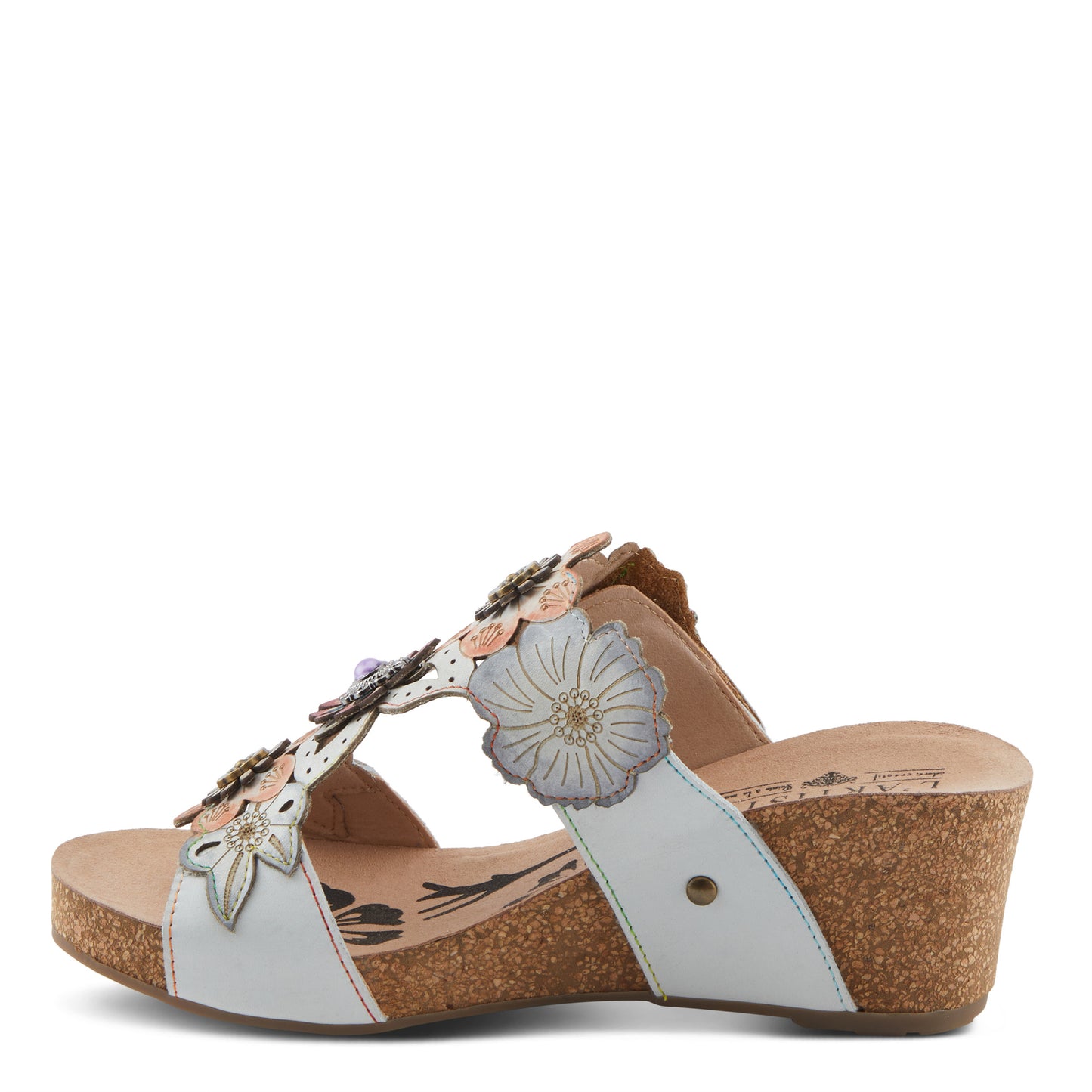 PRETTYPETALS White Multi Cork Wedge Sandal by L'Artiste from Spring Step Shoes