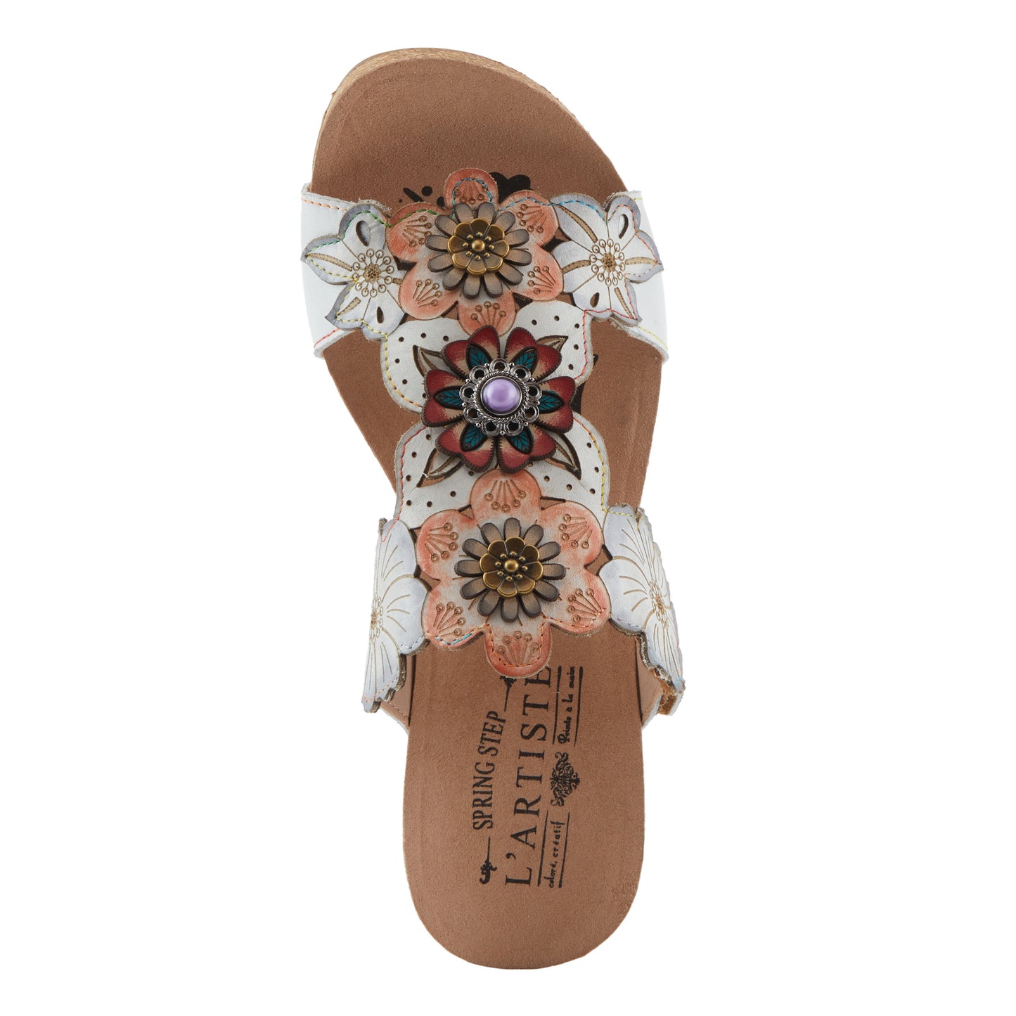 PRETTYPETALS White Multi Cork Wedge Sandal by L'Artiste from Spring Step Shoes