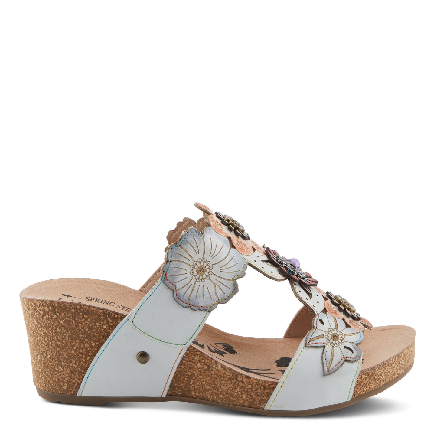 PRETTYPETALS White Multi Cork Wedge Sandal by L'Artiste from Spring Step Shoes