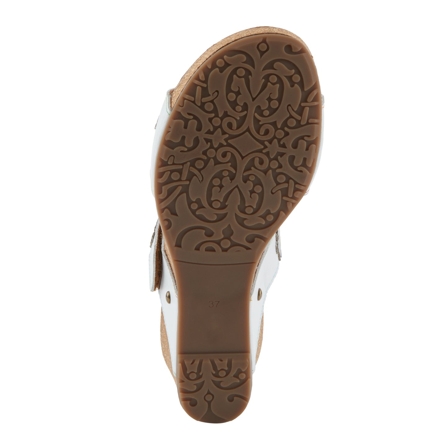 PRETTYPETALS White Multi Cork Wedge Sandal by L'Artiste from Spring Step Shoes