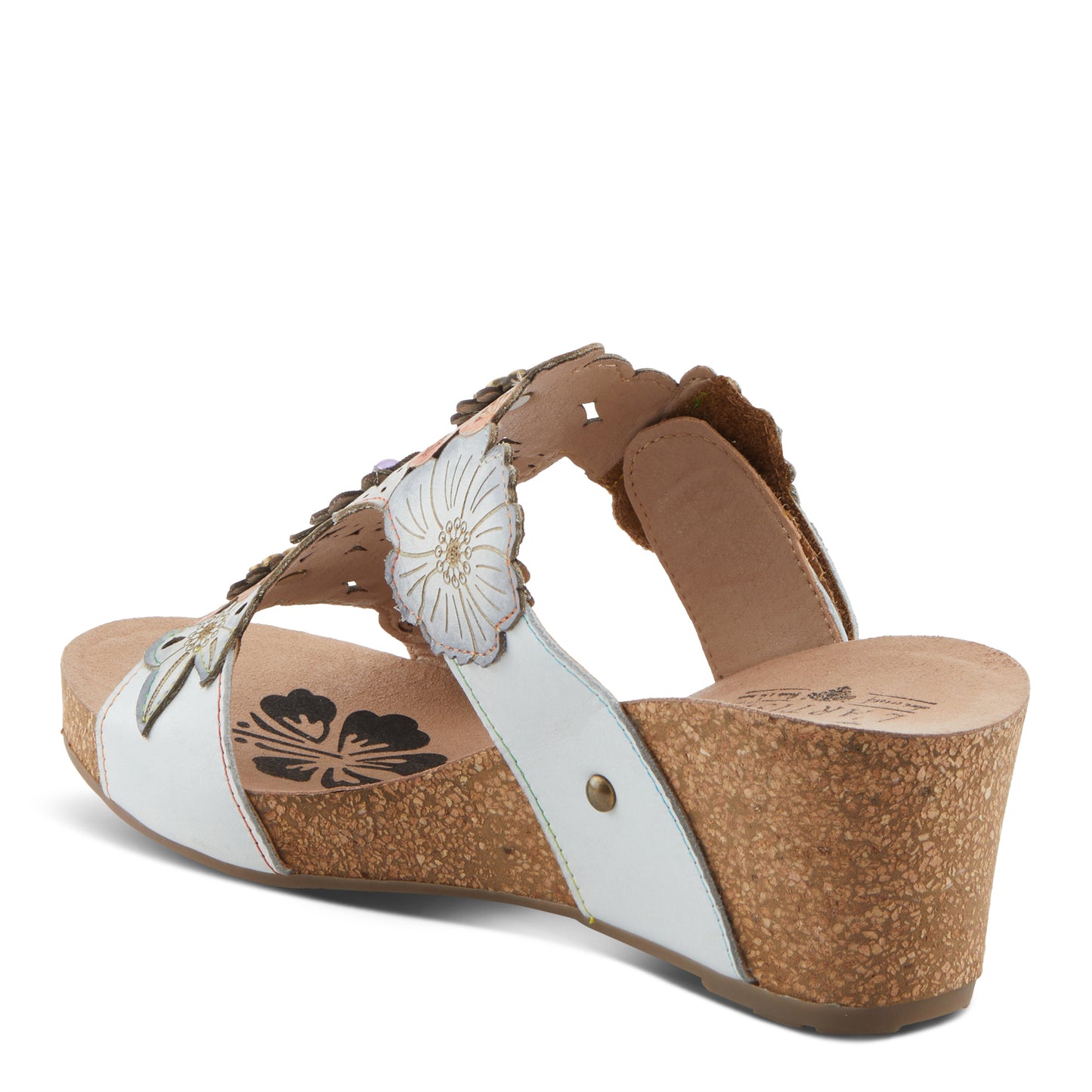 PRETTYPETALS White Multi Cork Wedge Sandal by L'Artiste from Spring Step Shoes