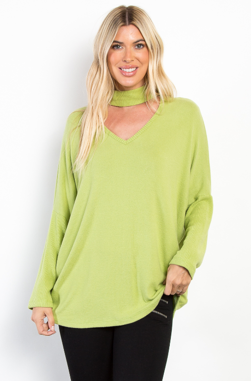 AVOCADO COLOR BRUSHED HIGH NECK SWEATER BY BE STAGE