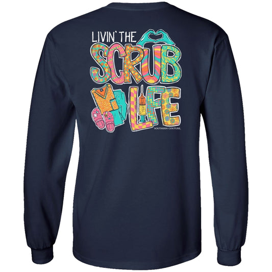 Pattern Letter Scrub Life on Navy Southern Couture Long Sleeve Tee