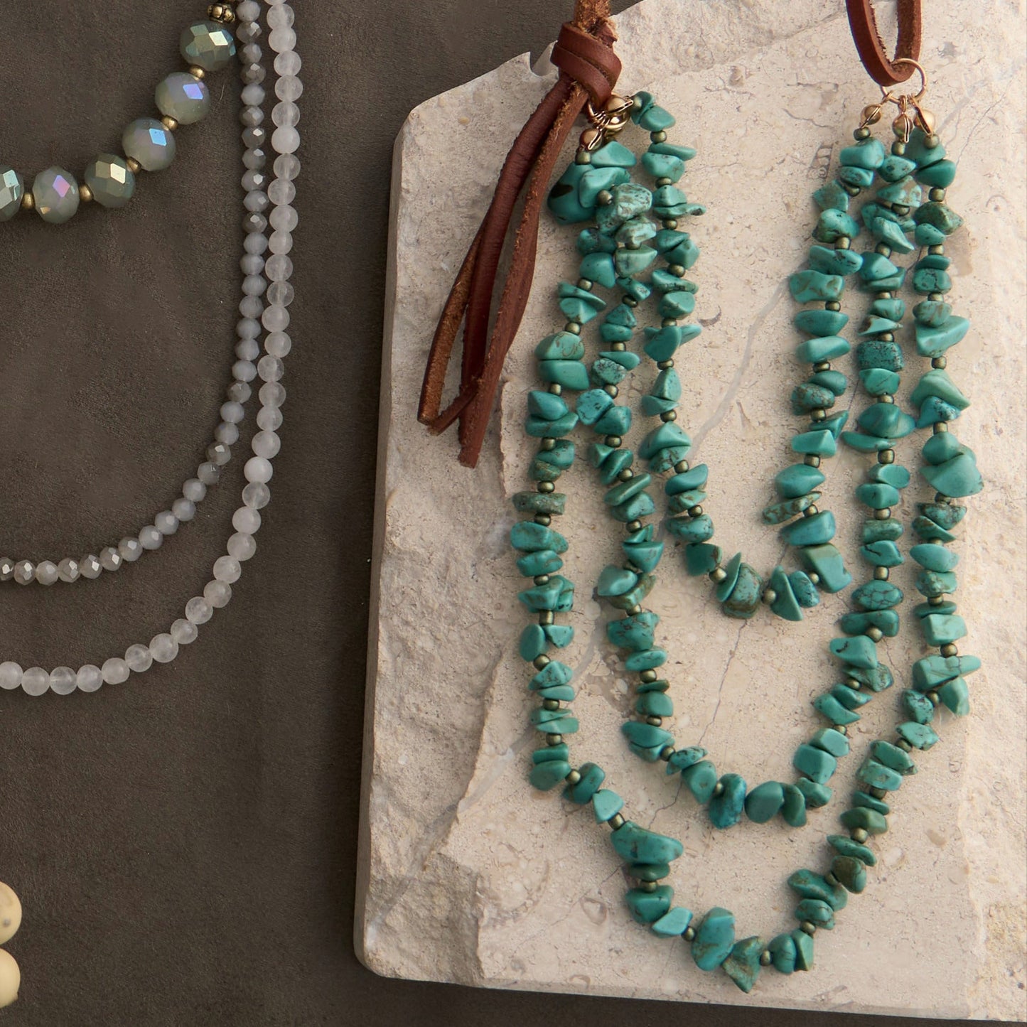 Lorelei Leather Multi Row Turquoise 24" Layered Necklace