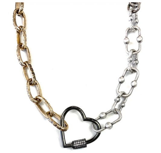 Mixed Chunky Chains W/Heart Carabiner Closure Necklace
