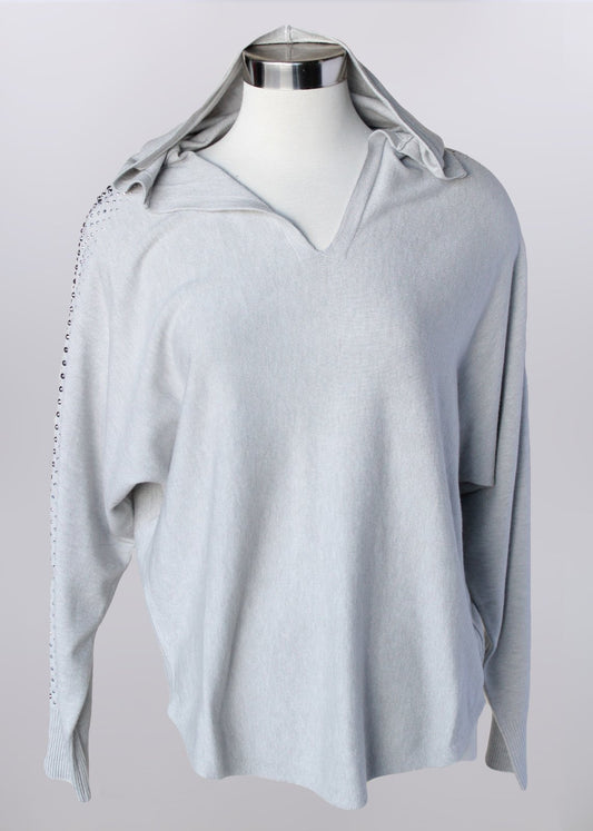 Grey Hoodie Sweater Top with Embellished Stone Sleeves by KerenHart