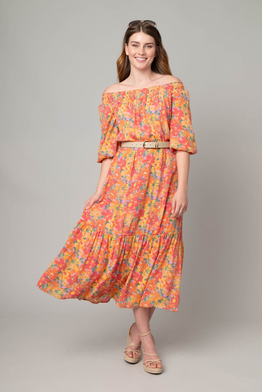 Red/Multi Off The Shoulder Peasant Dress by Marissa Olivia