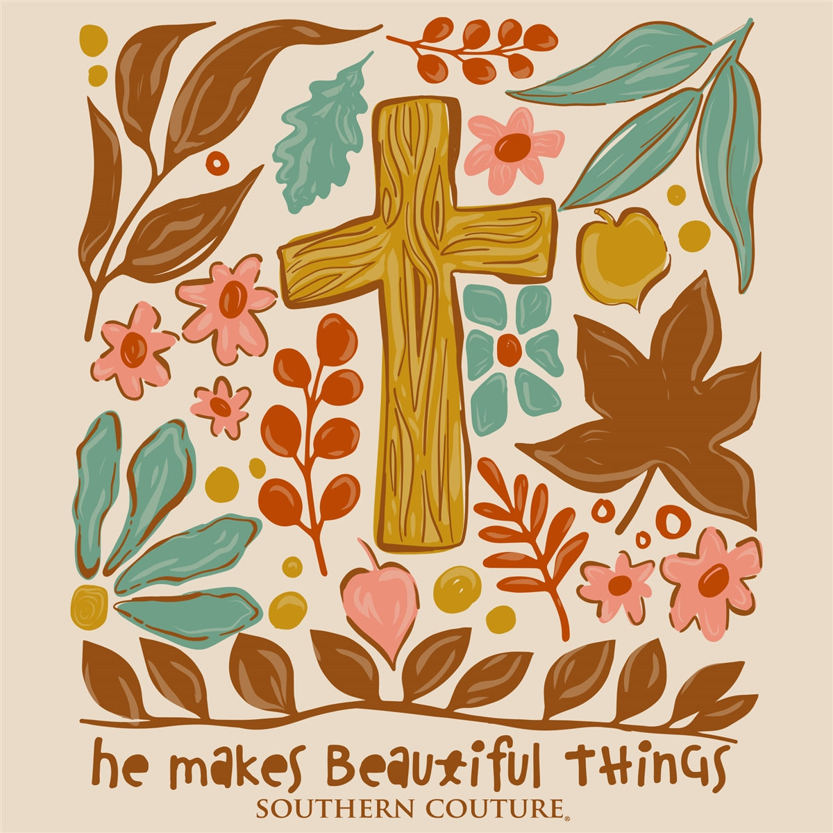 He Makes All Things Beautiful Fall Floral Leaves and Cross on Natural Southern Couture Classic Long Sleeve Tee