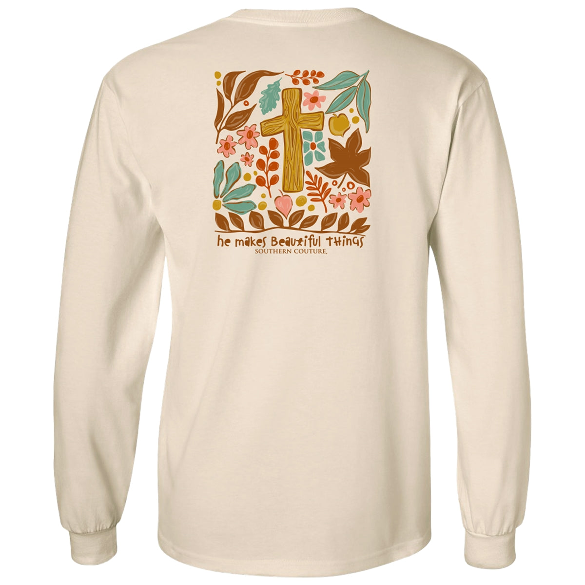 He Makes All Things Beautiful Fall Floral Leaves and Cross on Natural Southern Couture Classic Long Sleeve Tee