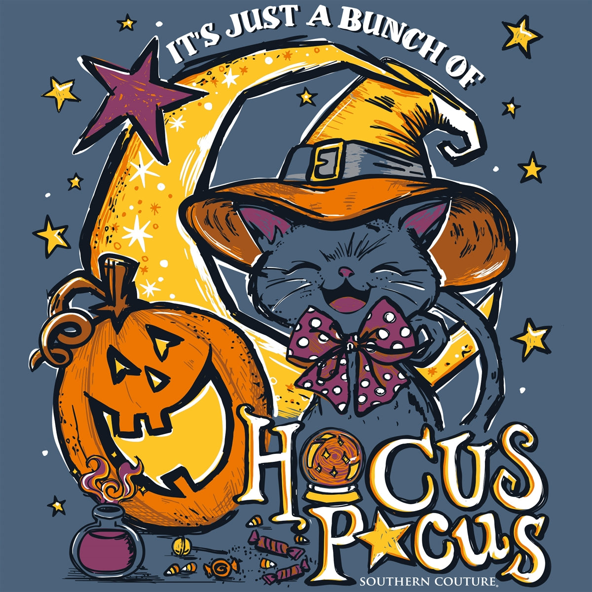 Hocus Pocus Cat on Indigo Southern Couture Classic Long Sleeve Tee