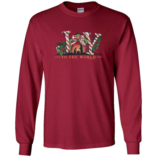 Joy Nativity Front Print on Cardinal Southern Couture Soft Long Sleeve Tee