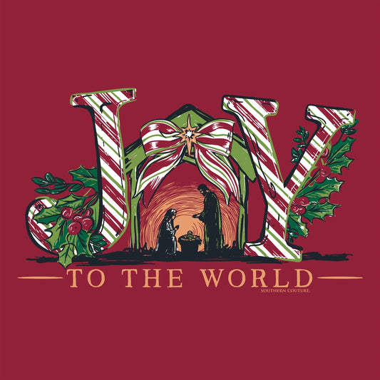 Joy Nativity Front Print on Cardinal Southern Couture Soft Long Sleeve Tee