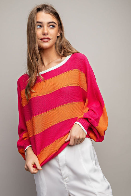 Tangerine/Hot Pink Striped Long Sleeve Top
