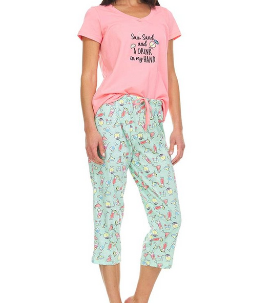 Pink Sun Sand & A Drink in my Hand V-Neck Pajama Capri Set by Rene Rofe