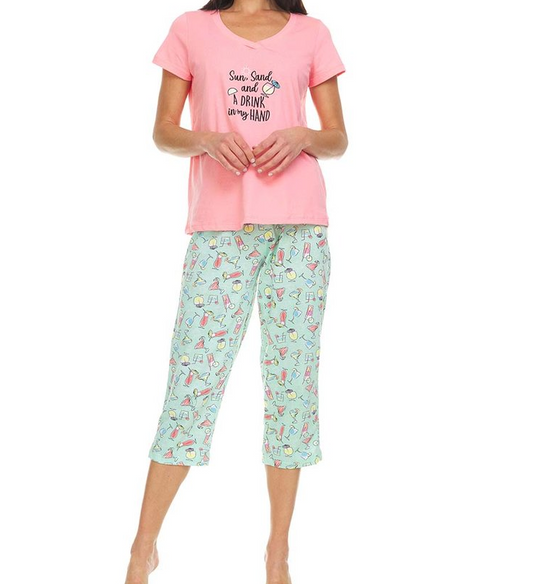 Pink Sun Sand & A Drink in my Hand V-Neck Pajama Capri Set by Rene Rofe