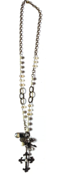 Long W/Pearl Chain & Cluster Dangle Necklace