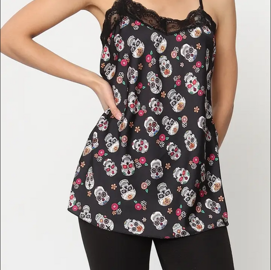 Skull Printed Tank Top with Straps One Size