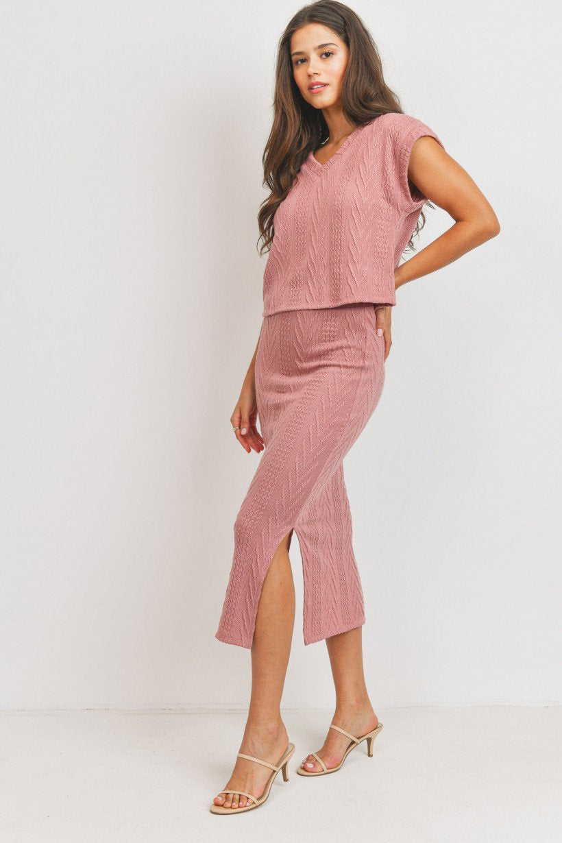 Cable Knit Midi Length Pencil Skirt Mauve Skirt