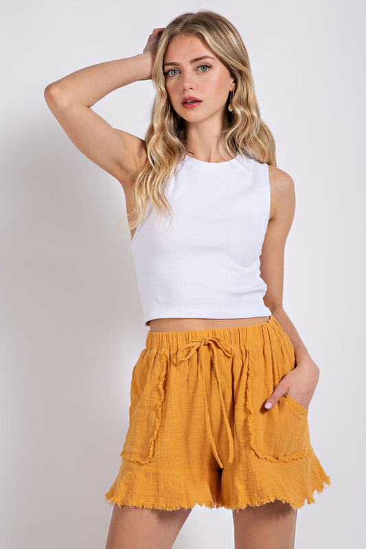 GOLDEN Raw Edge Hem and Patch Pockets Shorts with Lining and Elastic Waist Band