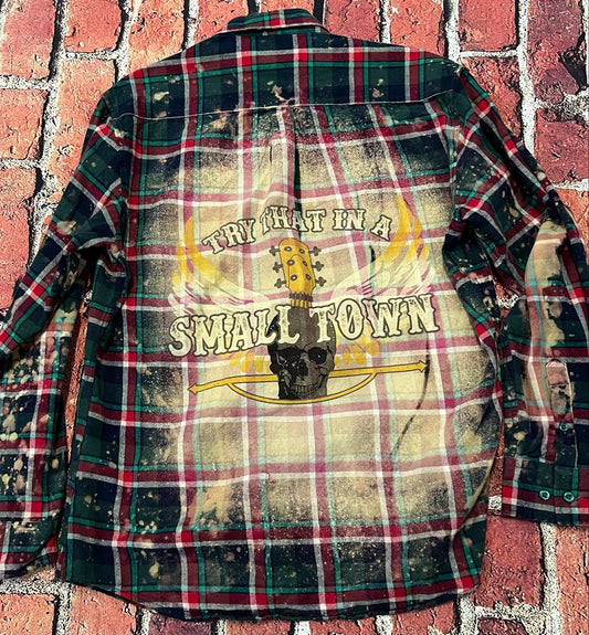 TRY THAT SMALL TOWN WITH GUITAR WINGS & SKULL - EVERGREEN LONG SLEEVE FLANNEL TOP BACK PATCH SPLATTER