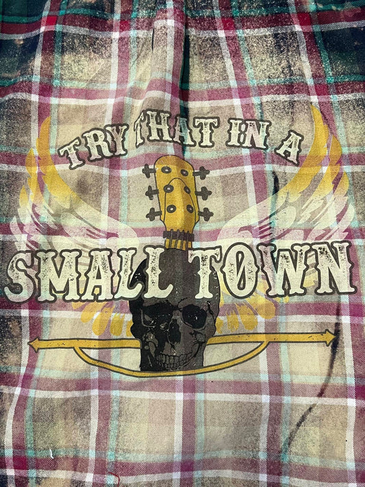 TRY THAT SMALL TOWN WITH GUITAR WINGS & SKULL - EVERGREEN LONG SLEEVE FLANNEL TOP BACK PATCH SPLATTER