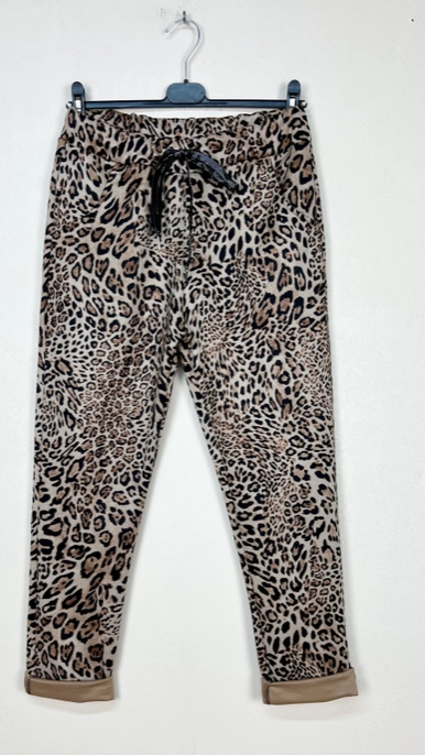 Tan Leopard Patterned Velvet Effect Pants Made in Italy One Size Fits Most