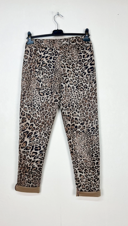 Tan Leopard Patterned Velvet Effect Pants Made in Italy One Size Fits Most