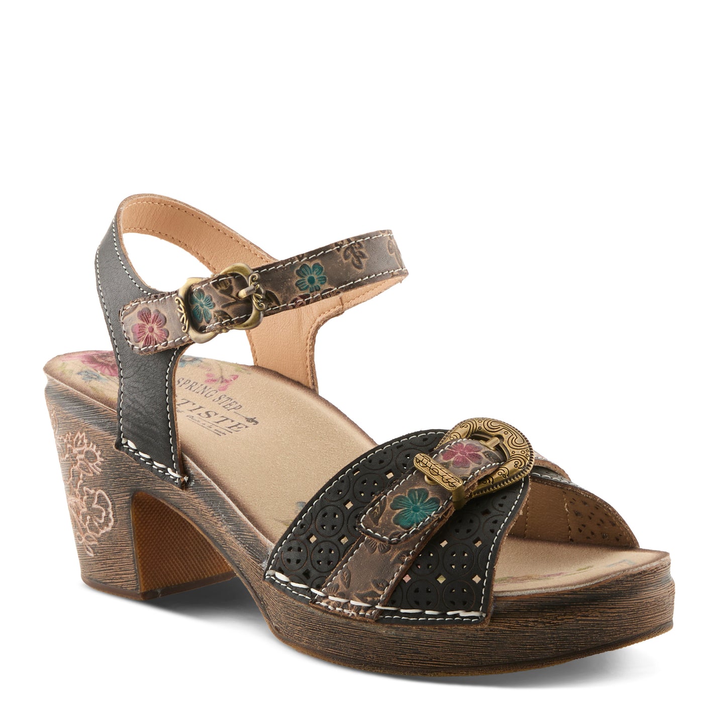 UPPERBUCK Vintage Inspired Black Multi Block Heel Sandal by L'Artiste from Spring Step Shoes
