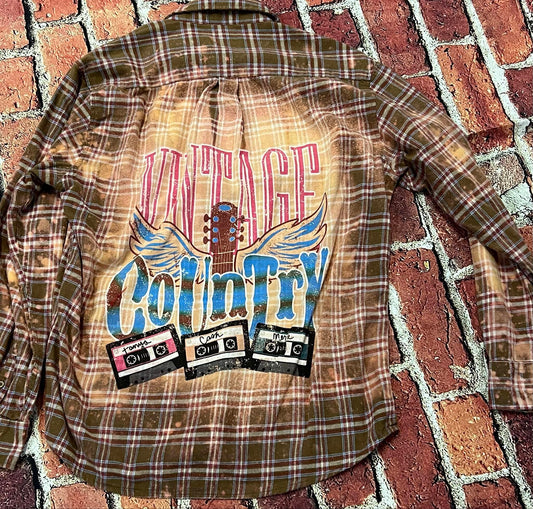 VINTAGE COUNTRY TAPES GUITAR TANYA CASH AND MERLE RUSTY LONG SLEEVE FLANNEL Button Up TOP BACK PATCH SPLATTER