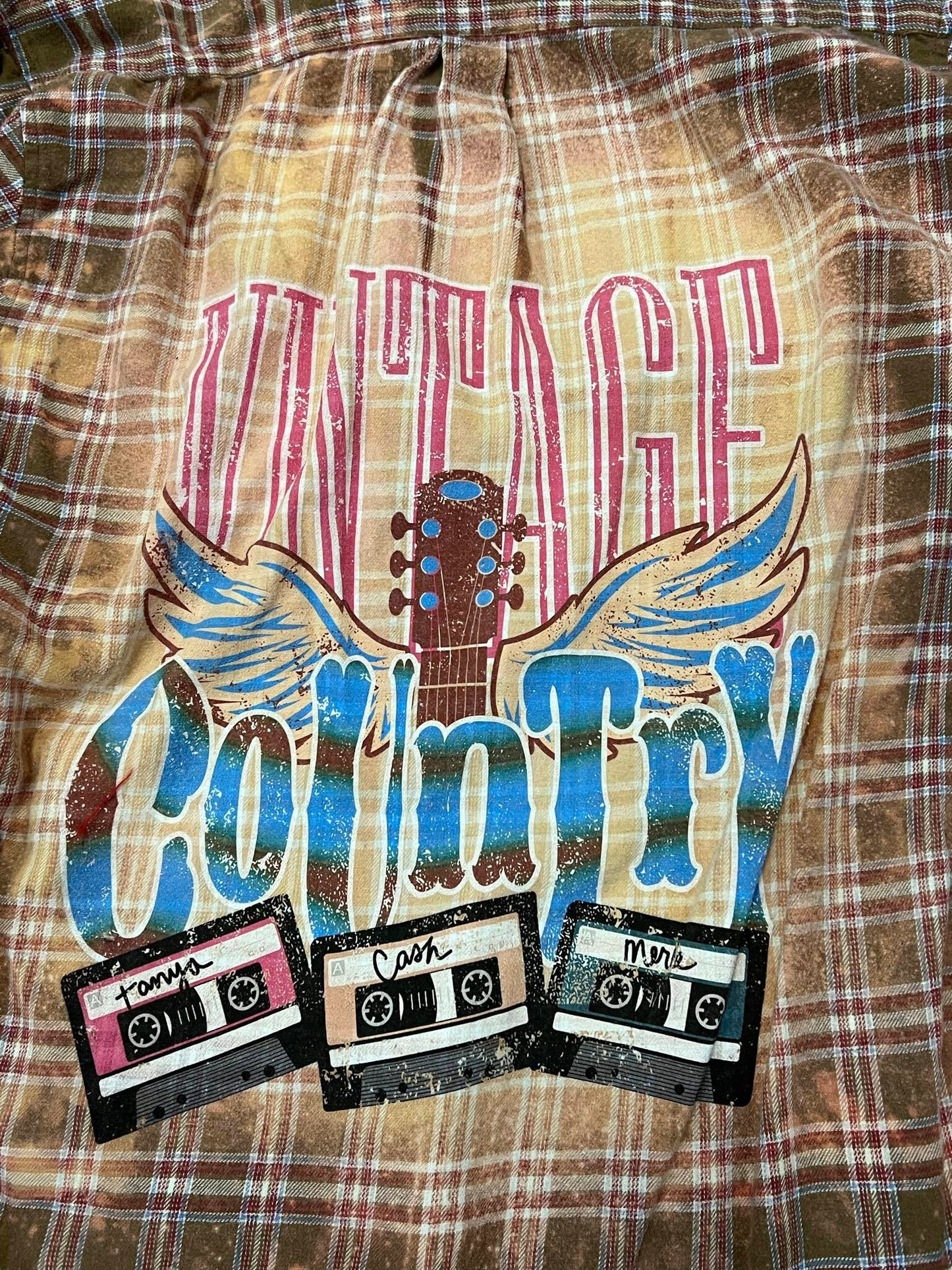 VINTAGE COUNTRY TAPES GUITAR TANYA CASH AND MERLE RUSTY LONG SLEEVE FLANNEL Button Up TOP BACK PATCH SPLATTER