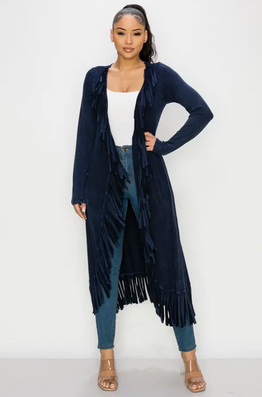 Navy MINERAL FRINGE LONG CARDIGAN - T*Party
