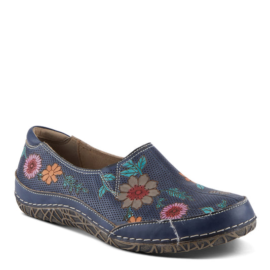 LIBORA-DELITE -  hand-painted floral slip-ons Navy Blue With Colorful Flowers by L`ARTISTE