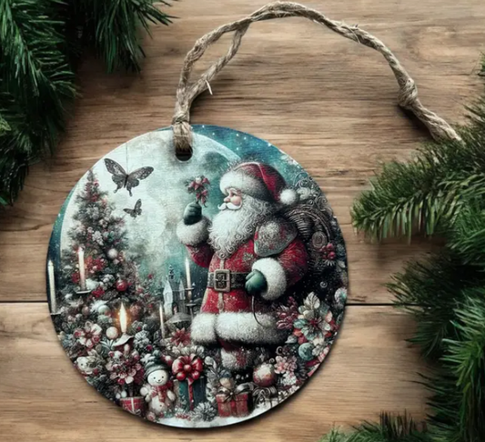 Vintage Santa with Butterfly - Wood Christmas Ornament