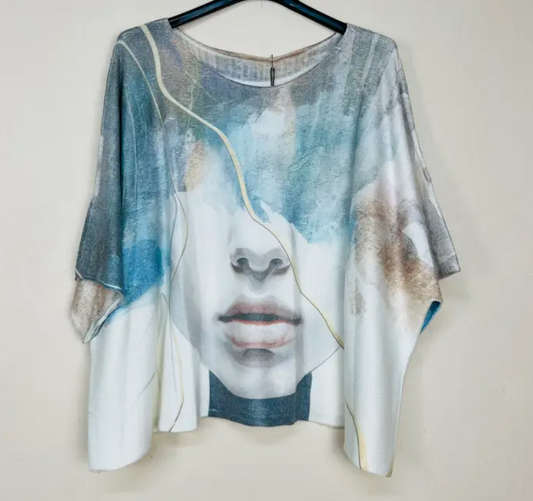White Blue Gold Face Poncho Sweater with Pattern 3/4 Sleeve One Size Fits Most - Made in Italy